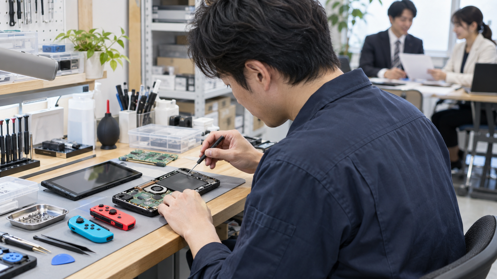 Nintendo Switch本体を修理する専門スタッフ